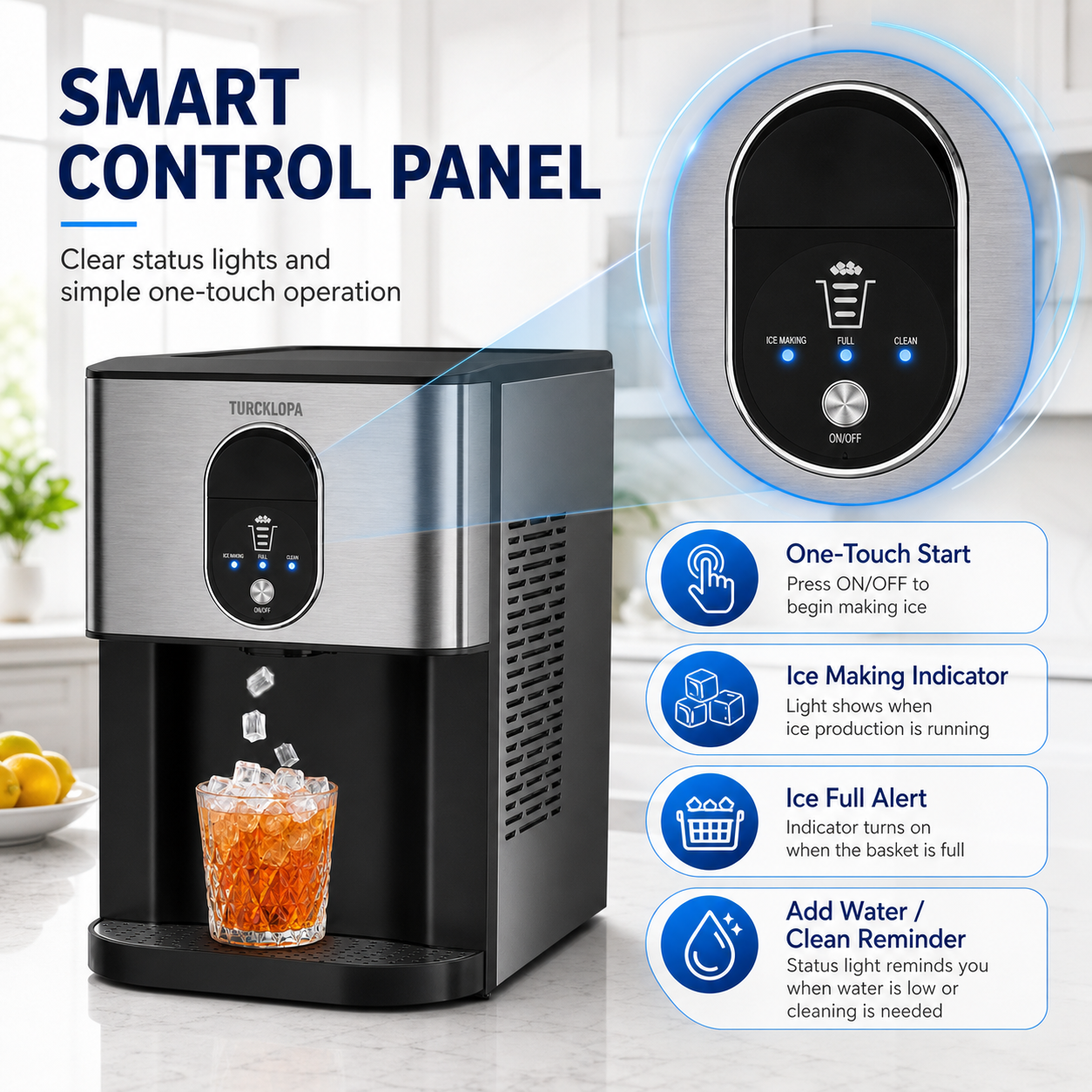 Smart touch control panel feature graphic for TURCKLOPA ice maker