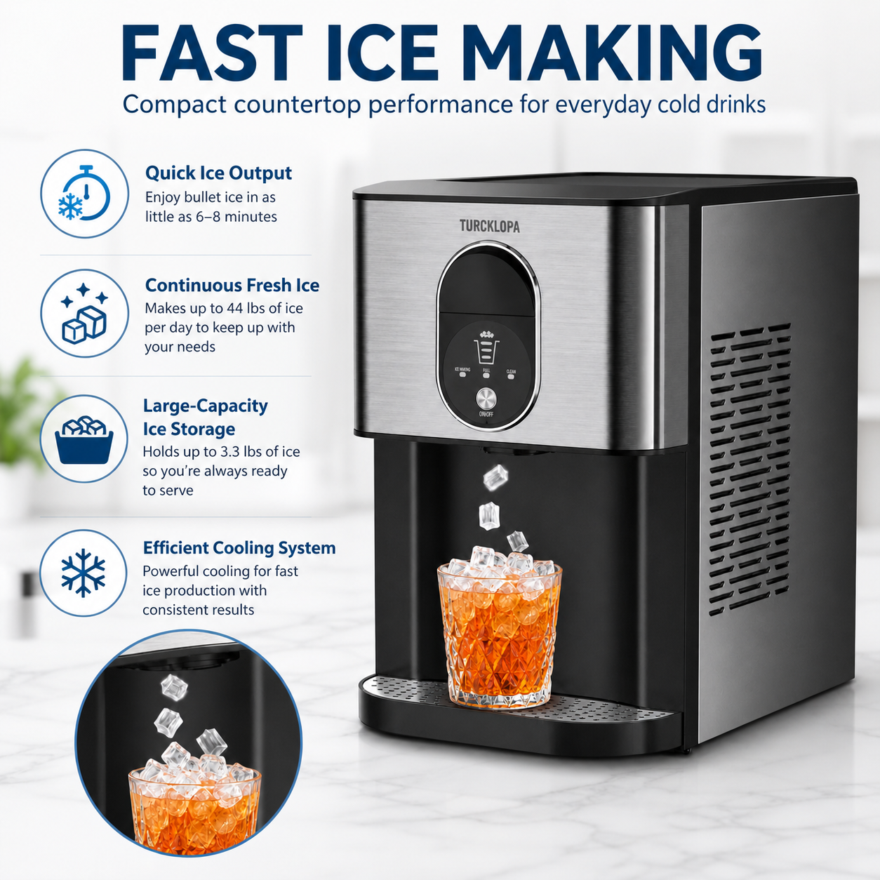 Fast ice making feature graphic for TURCKLOPA countertop ice maker