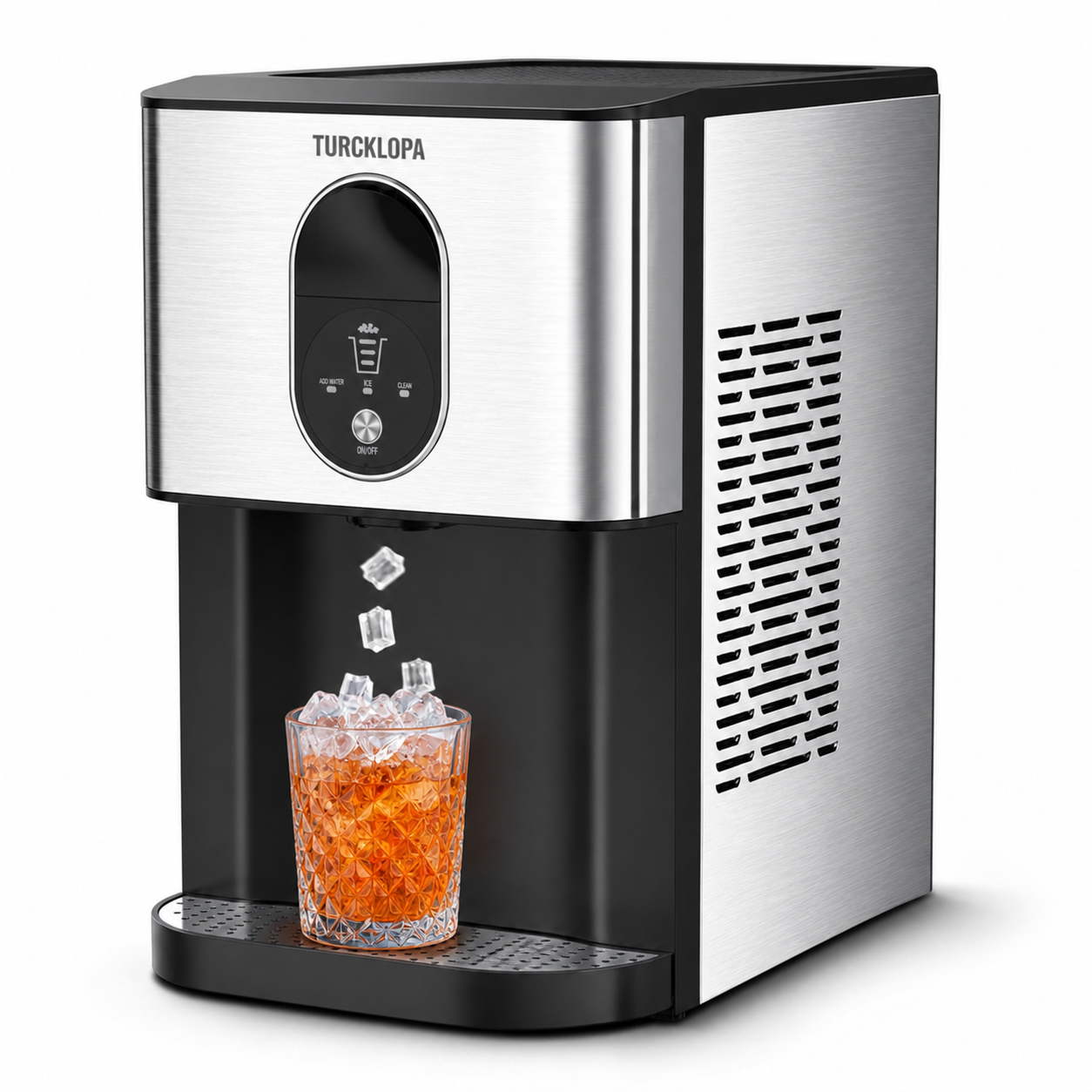 Stainless steel side view of TURCKLOPA FreshIce countertop nugget ice maker