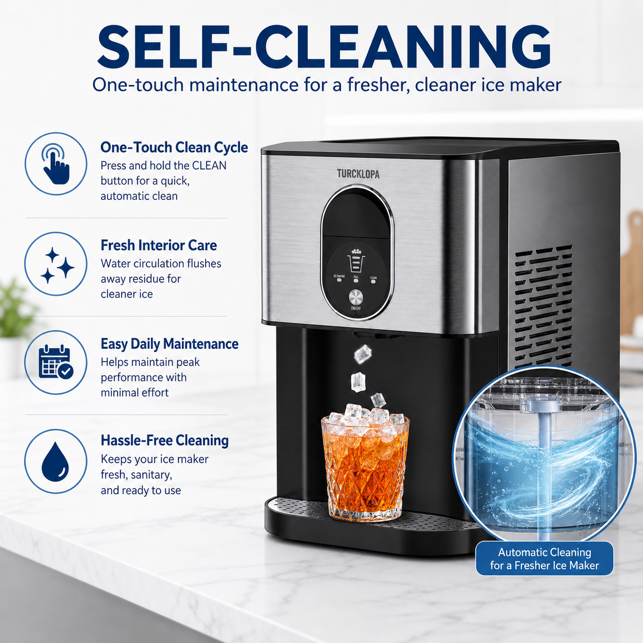 Self-cleaning maintenance feature graphic for TURCKLOPA ice maker